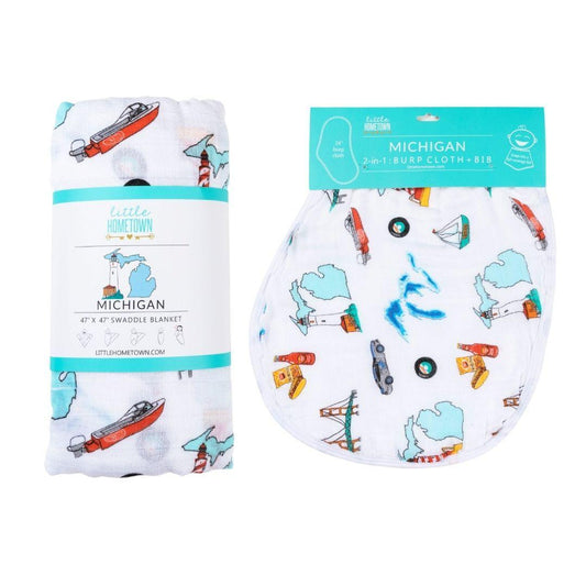 Michigan Newborn Gift Set: Muslin Swaddle & Bib | Organic Cotton