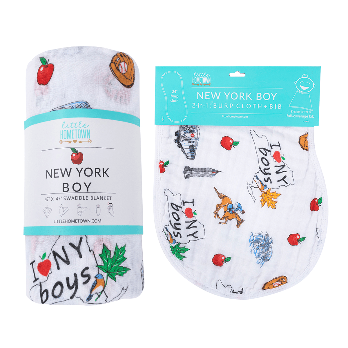 New York Boy Gift Set: Muslin Swaddle & Bib | Organic Cotton