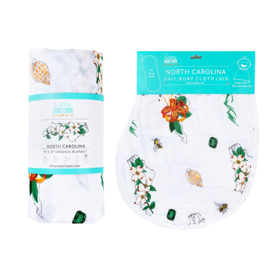 North Carolina Baby Gift Set: Muslin Swaddle & Bib (Floral)