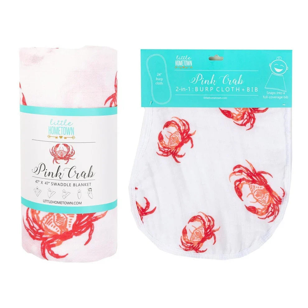 Pink Crab Newborn Gift Set: Muslin Swaddle & Bib | Organic Cotton