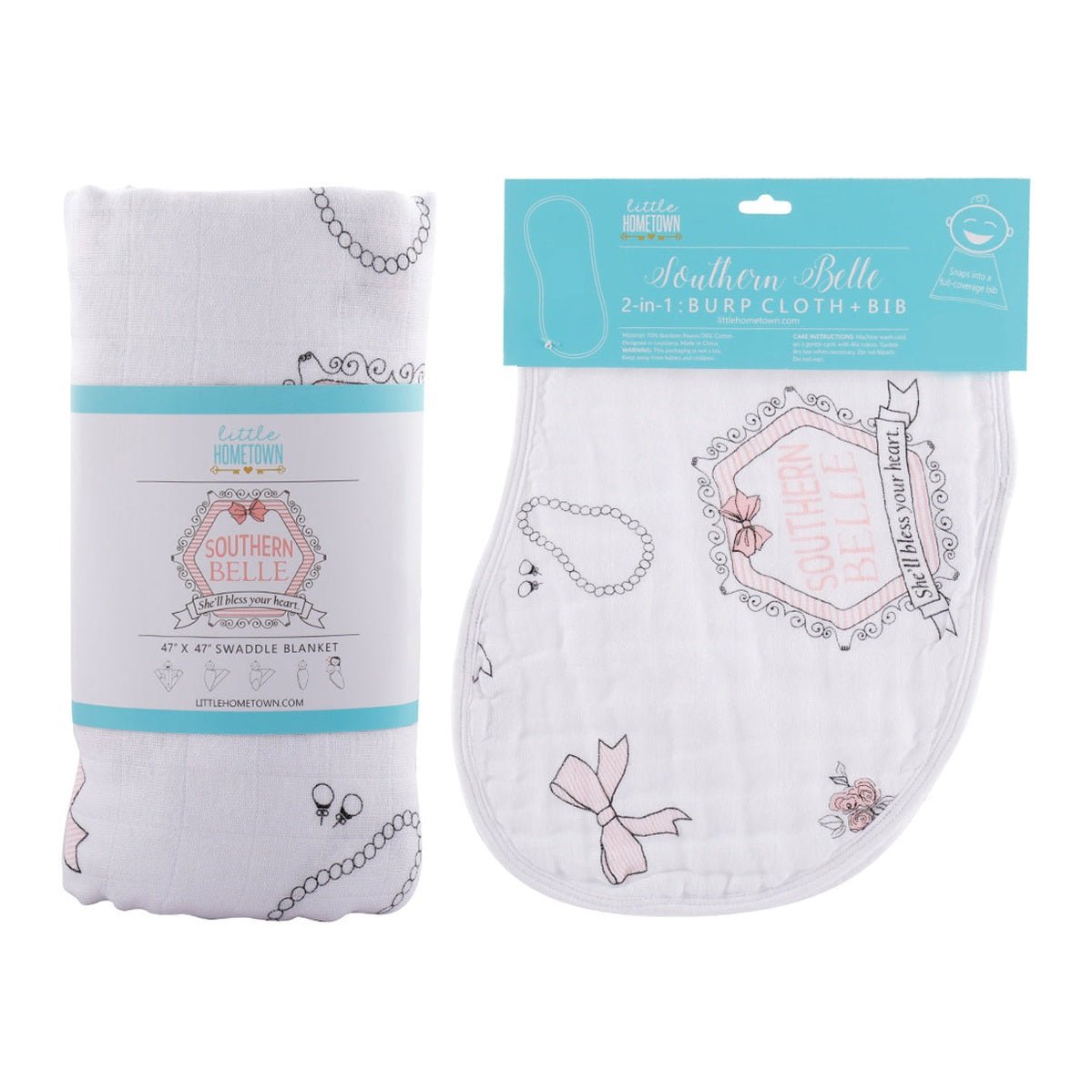 Southern Belle Baby Gift Set: Muslin Swaddle & Bib | Organic Cotton