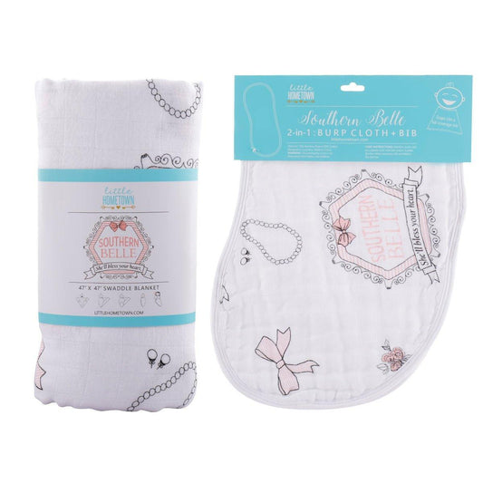 Southern Belle Baby Gift Set: Muslin Swaddle & Bib | Organic Cotton