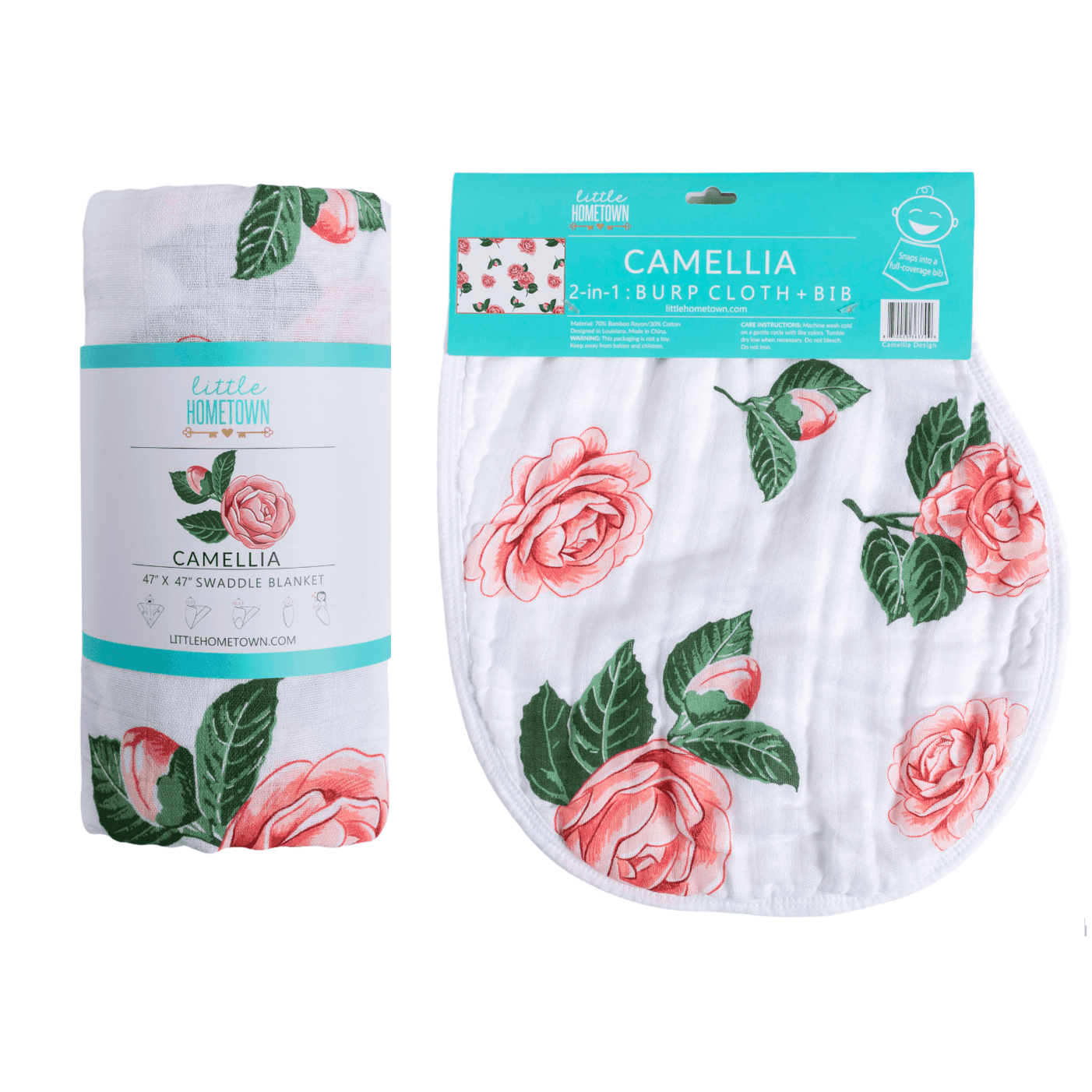 Camelia Baby Gift Set: Muslin Swaddle & Bib | Organic Cotton