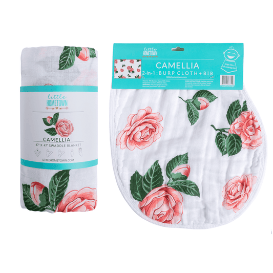 Camelia Baby Gift Set: Muslin Swaddle & Bib | Organic Cotton
