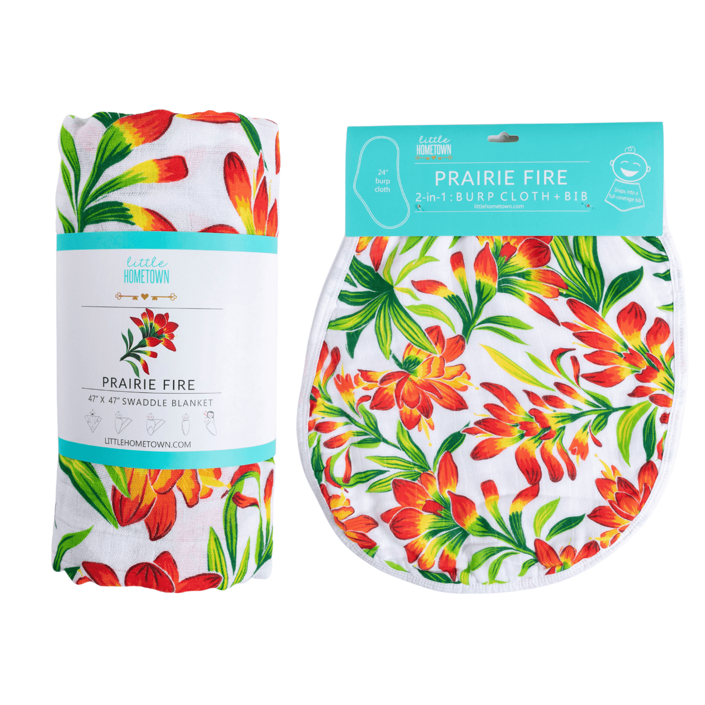 Prairie Fire Baby Gift Set: Muslin Swaddle & Bib | Organic Cotton