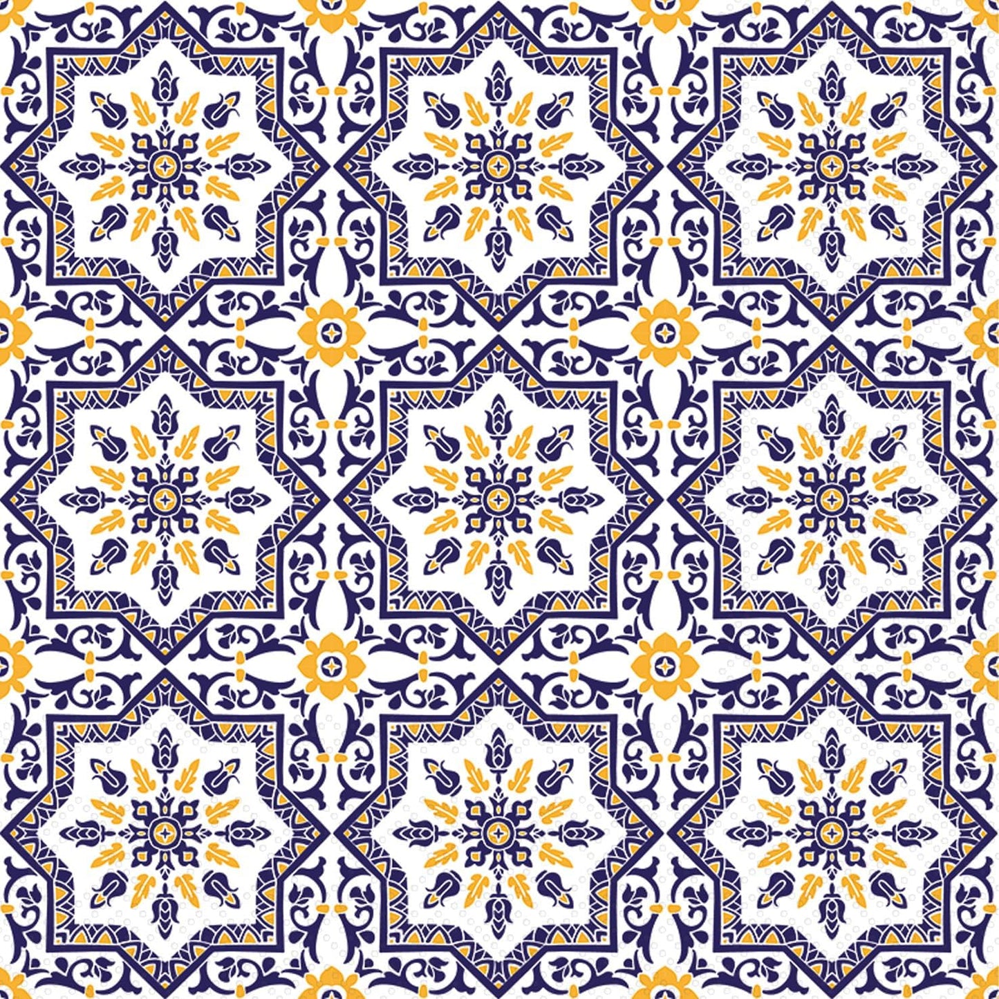 Close-up of navy and yellow geometric tile-pattern cocktail napkins from Boston International, showing repeating star and floral motifs on a white background.
