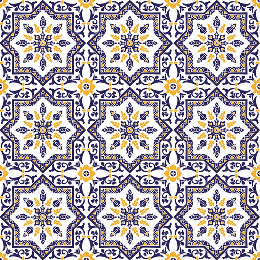 Close-up of navy and yellow geometric tile-pattern cocktail napkins from Boston International, showing repeating star and floral motifs on a white background.