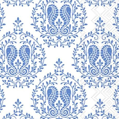 Two guest-size decoupage paper napkins featuring a detailed all-over print of classic paisley teardrops with intricate interior scrollwork and trailing vine and leaf sprigs in rich cobalt and periwinkle blue on a soft warm white background, photographed on a light grey surface.