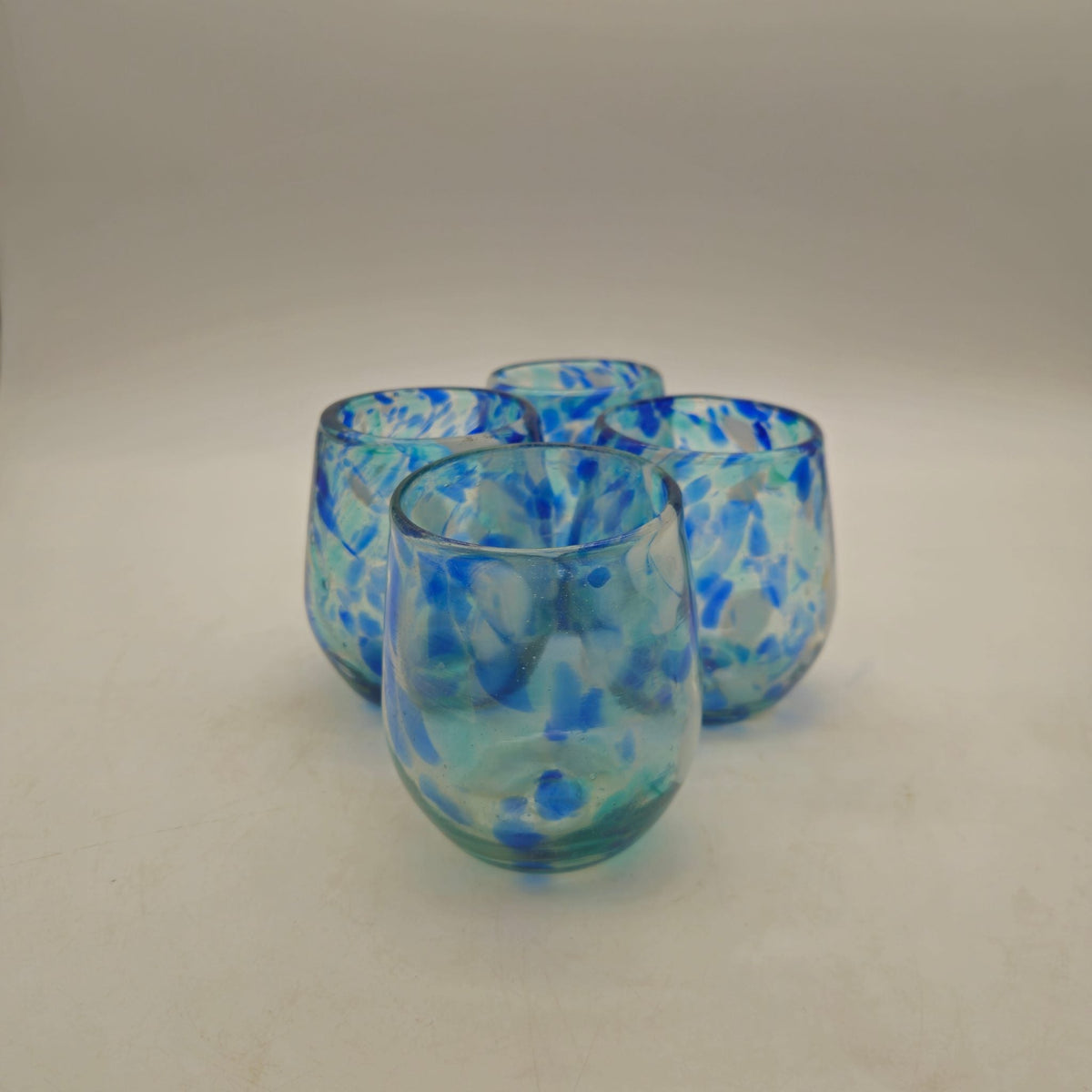 Hand-Blown Mexican Stemless Wine Glass | Blue and White Snow Pattern