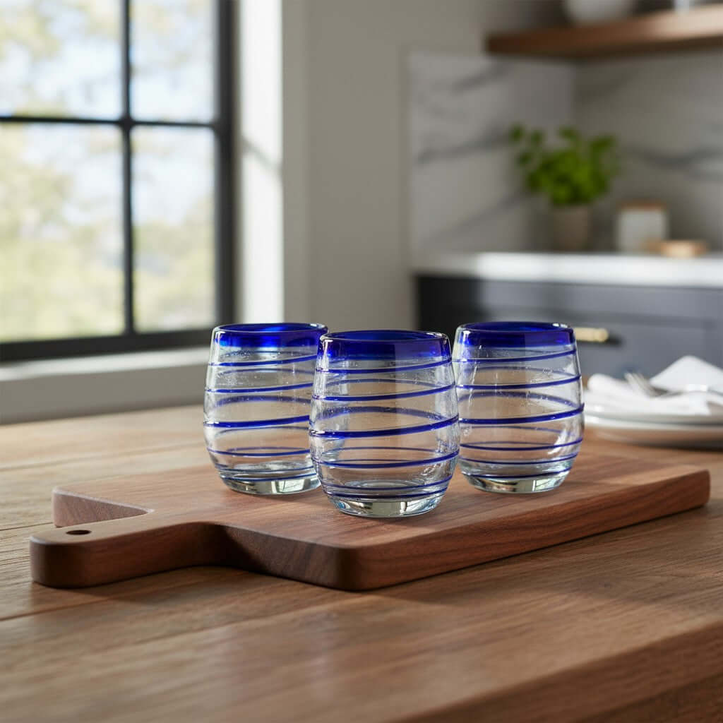 Hand-Blown Mexican Stemless Wine Glass | Cobalt Blue Spiral Design