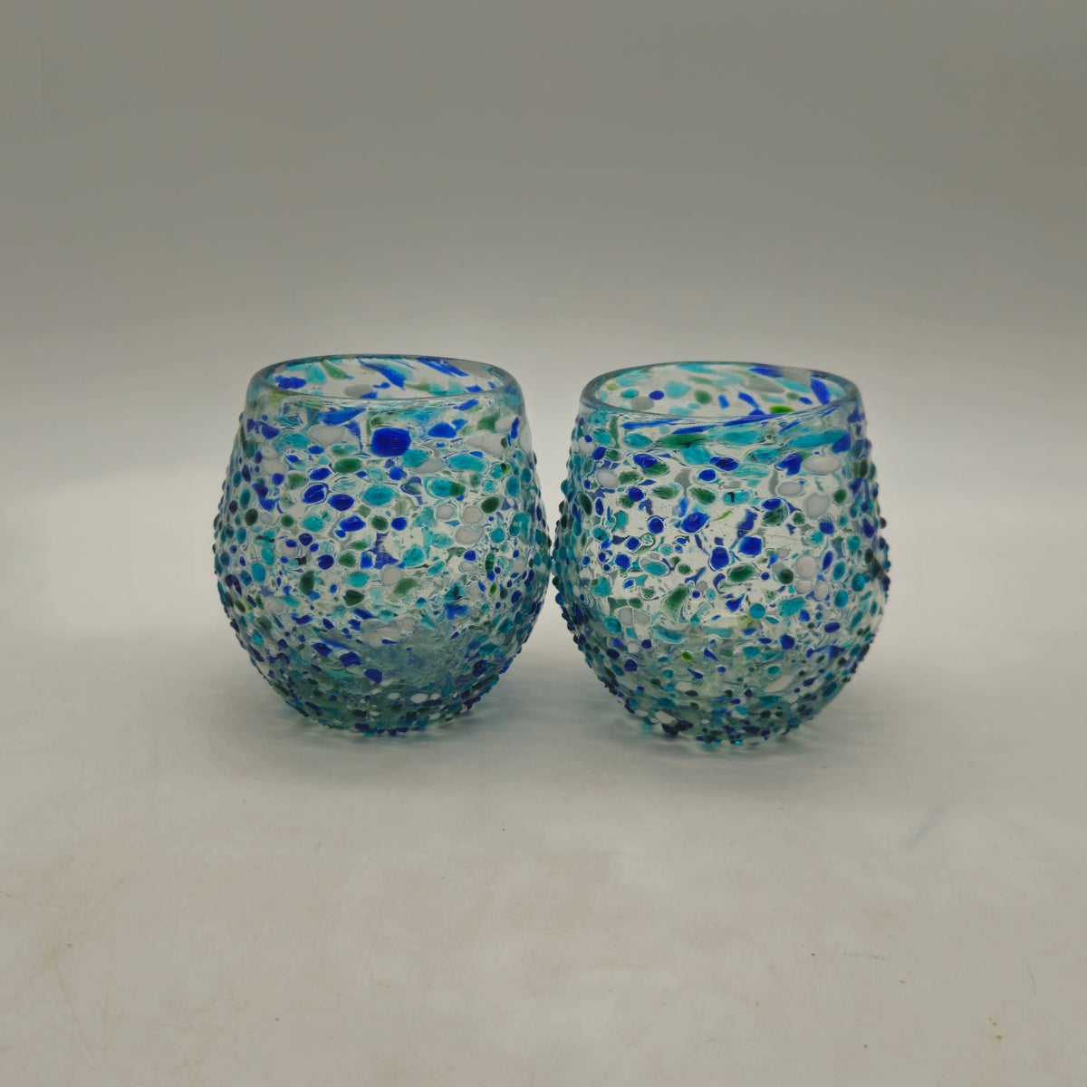 Hand-Blown Stemless Wine Glass | Blue Green Confetti Design