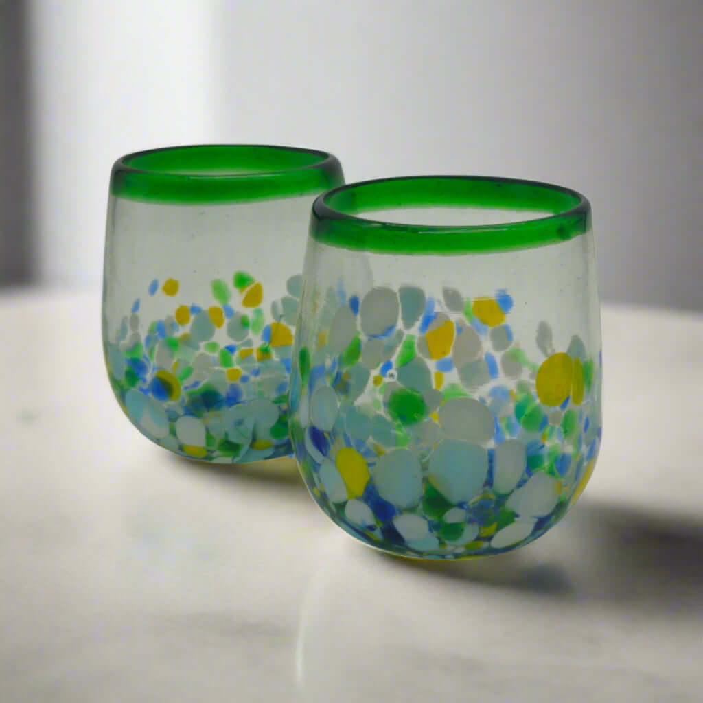 Hand-Blown Stemless Wine Glass | Mexican Confetti with Green Rim