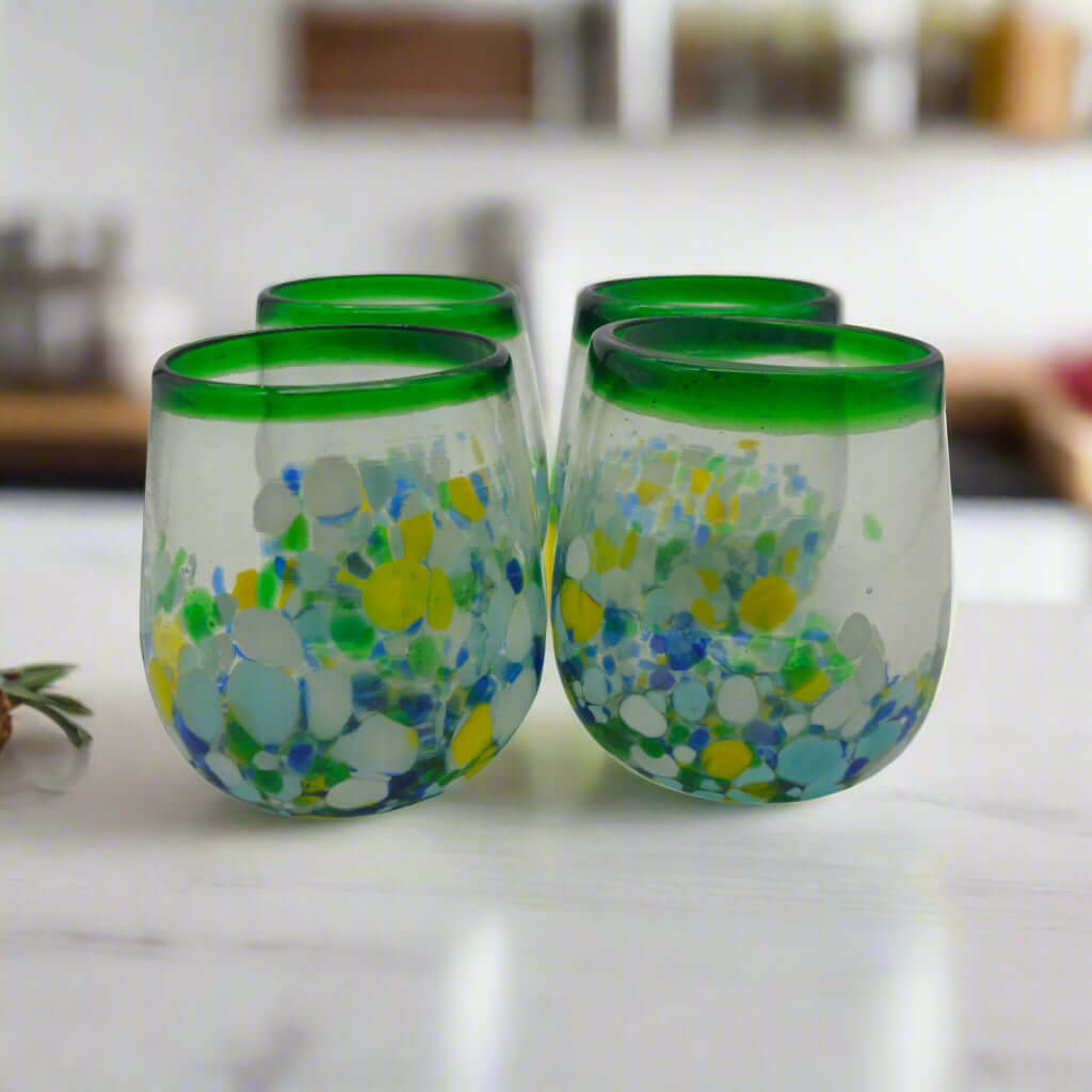 Hand-Blown Stemless Wine Glass | Mexican Confetti with Green Rim