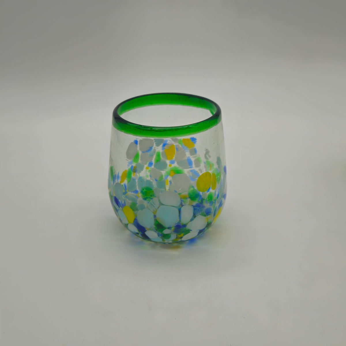 Hand-Blown Stemless Wine Glass | Mexican Confetti with Green Rim