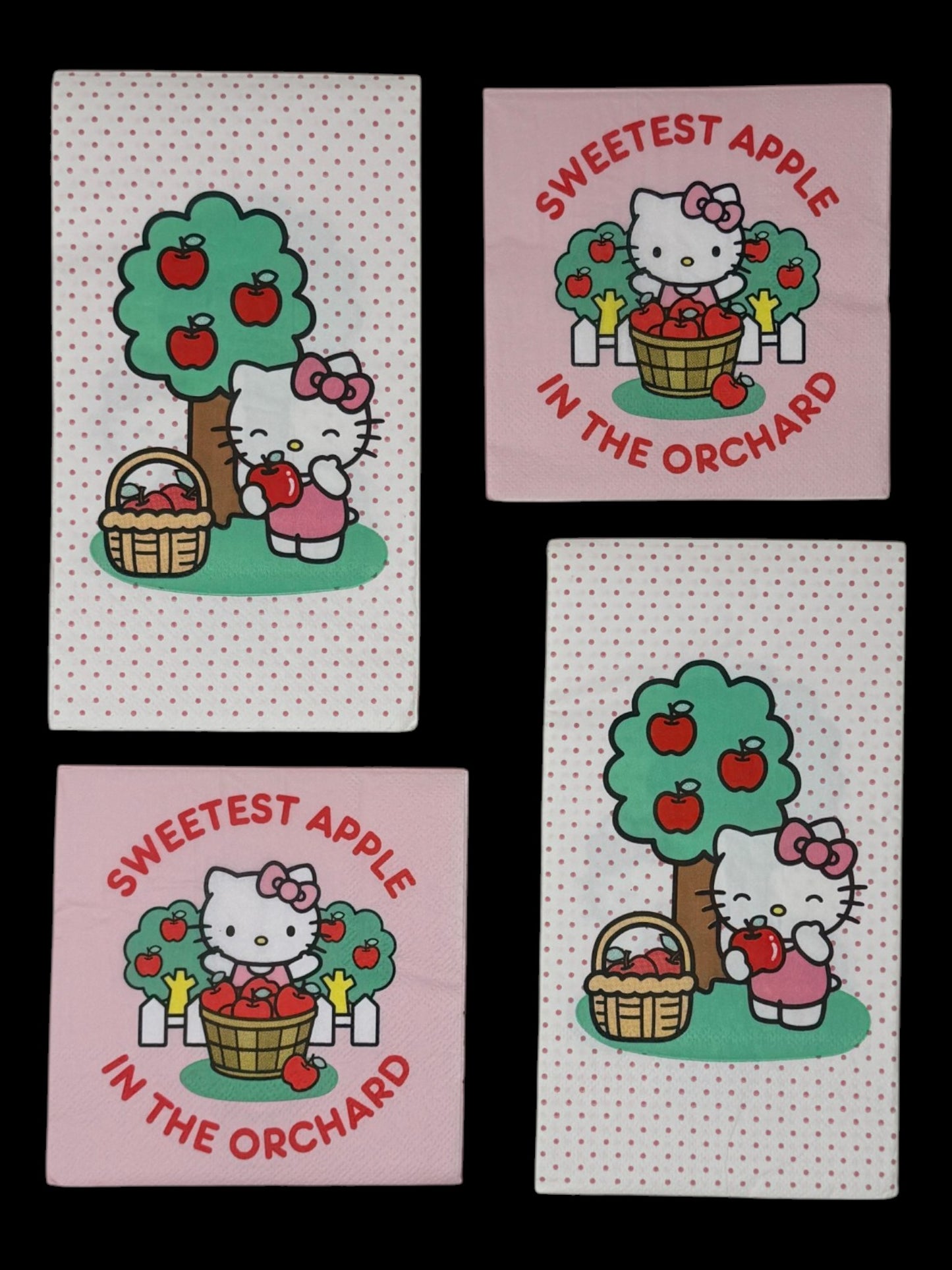 A bundle of four Hello Kitty apple themed decoupage paper napkins showing two Apple Orchard guest napkins featuring Hello Kitty beside a green apple tree on white polka dots and two Sweetest Apple cocktail napkins featuring Hello Kitty behind a red apple barrel on blush pink.