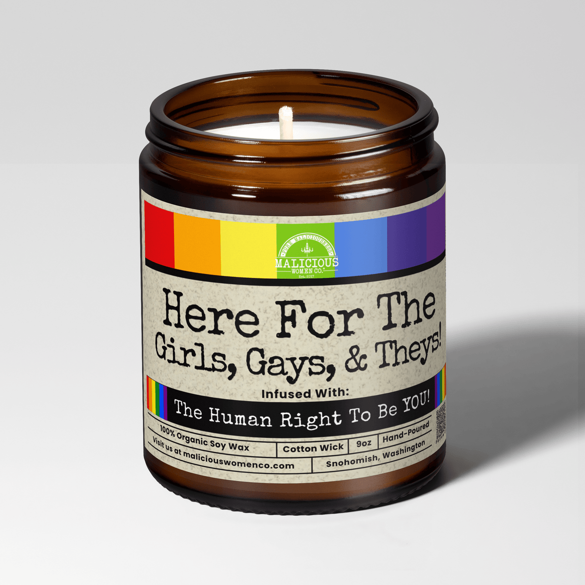 Here For the Girls, Gays, & Theys | Scent: Rebel Rose | 9oz Political Candle | Malicious Women Co