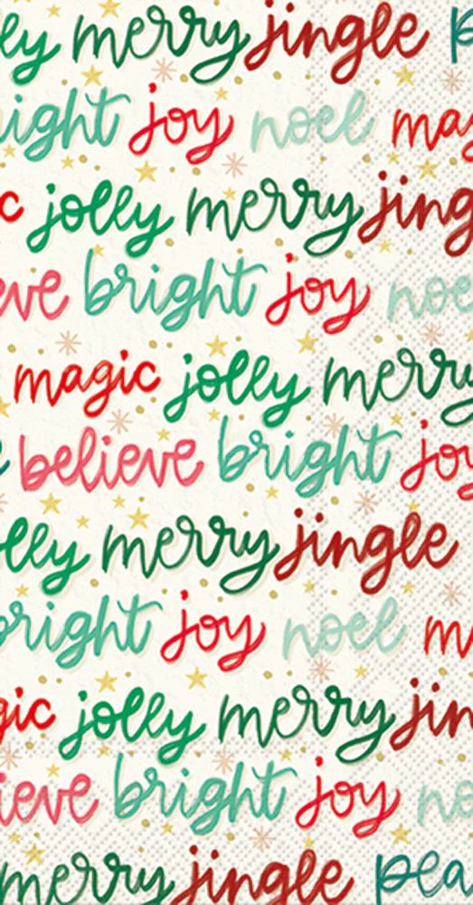 Guest size decoupage napkin featuring colorful Christmas word art with phrases like joy, merry, bright, jingle, and believe in red, green, and gold.