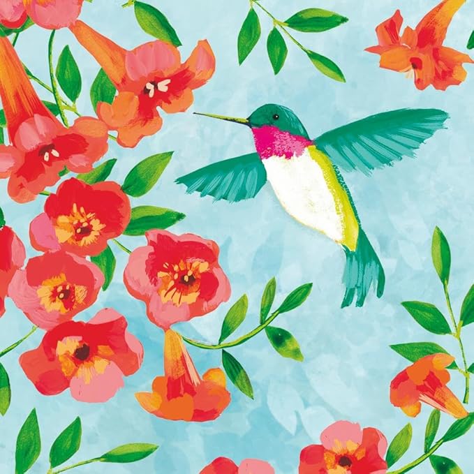 Cocktail-size decoupage paper napkin featuring a bold painterly illustration of a teal and magenta hummingbird with outstretched wings hovering beside coral red hot pink and orange trumpet vine blooms with rich green leaves on a soft sky blue watercolor background.