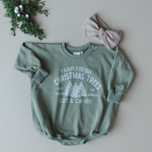 Farm Fresh Christmas Trees Sweatshirt Romper - Sage