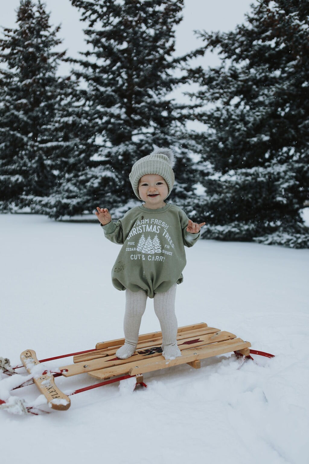 Farm Fresh Christmas Trees Sweatshirt Romper - Sage
