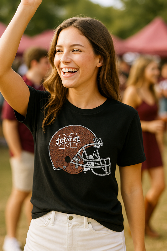 Mississippi State Helmet Black Crewneck Short Sleeve T-Shirt