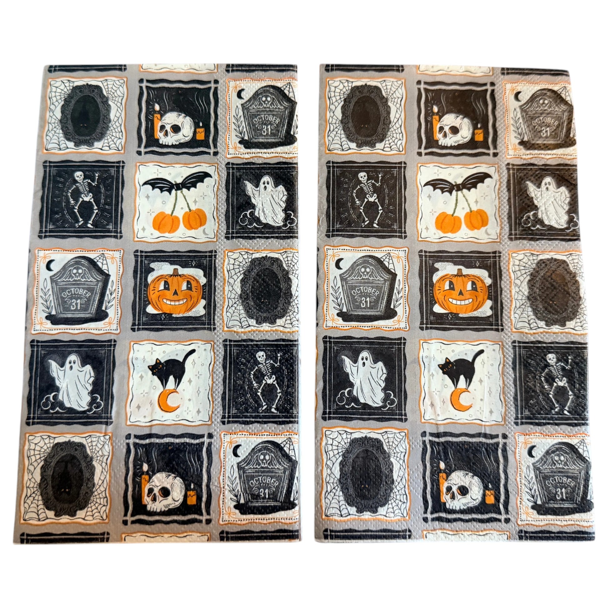 Guest-size decoupage paper napkin featuring a patchwork grid of fifteen individual framed Halloween icons including a skull with candles dancing skeleton friendly ghost grinning pumpkin black cat on crescent moon October 31 tombstone bat cherry and spider webs in black orange and white on a soft grey background