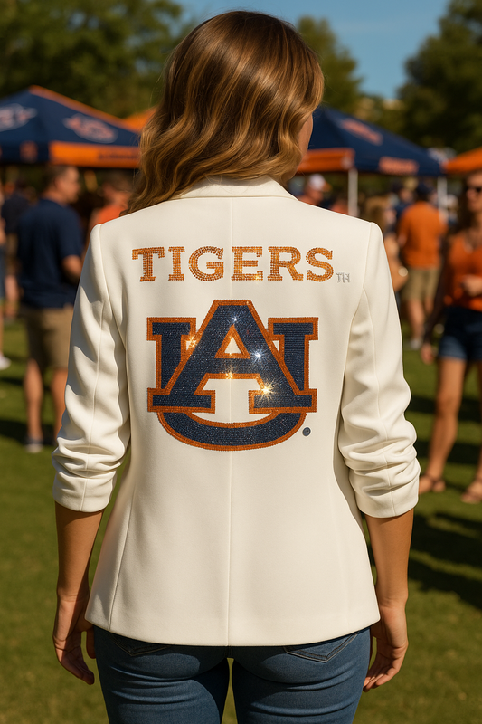 Auburn University Navy AU Tigers White Ruched Sleeve Blazer