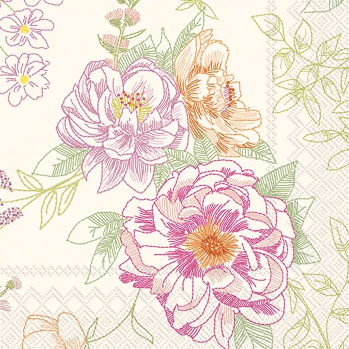 Cocktail size decoupage napkin with pink and orange peony flowers, green leaves, and botanical line art on a cream background for floral craft projects.
