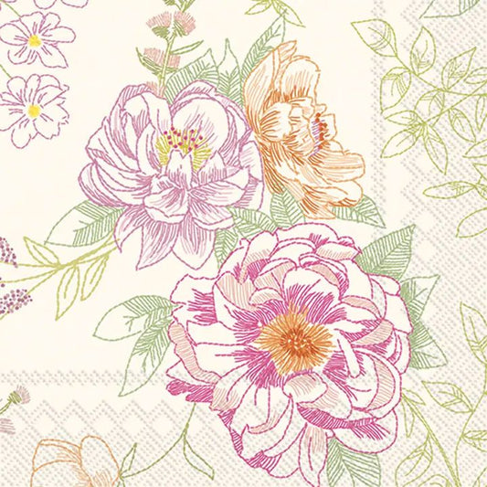 Cocktail size decoupage napkin with pink and orange peony flowers, green leaves, and botanical line art on a cream background for floral craft projects.
