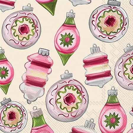 Luncheon size decoupage napkin featuring red, green, and white vintage glass ornaments with retro holiday designs for Christmas crafts and decor.