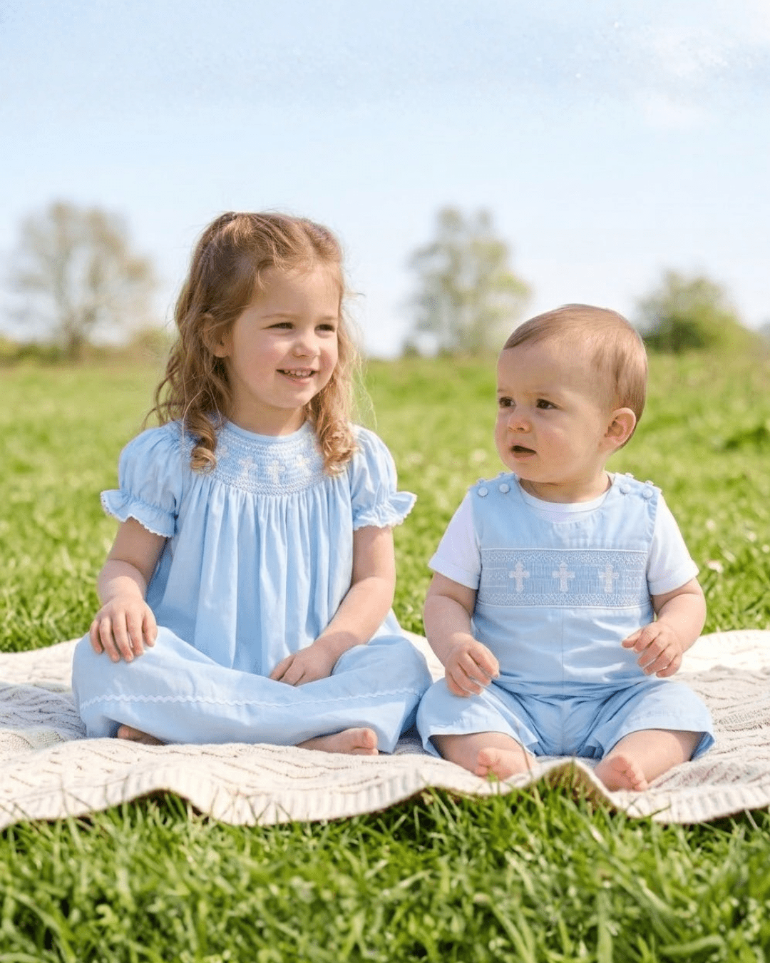 Light Blue Crosses Smocked Longalls