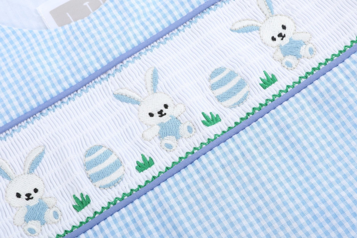 Light Blue Gingham Egg and Bunnies Smocked Shortall