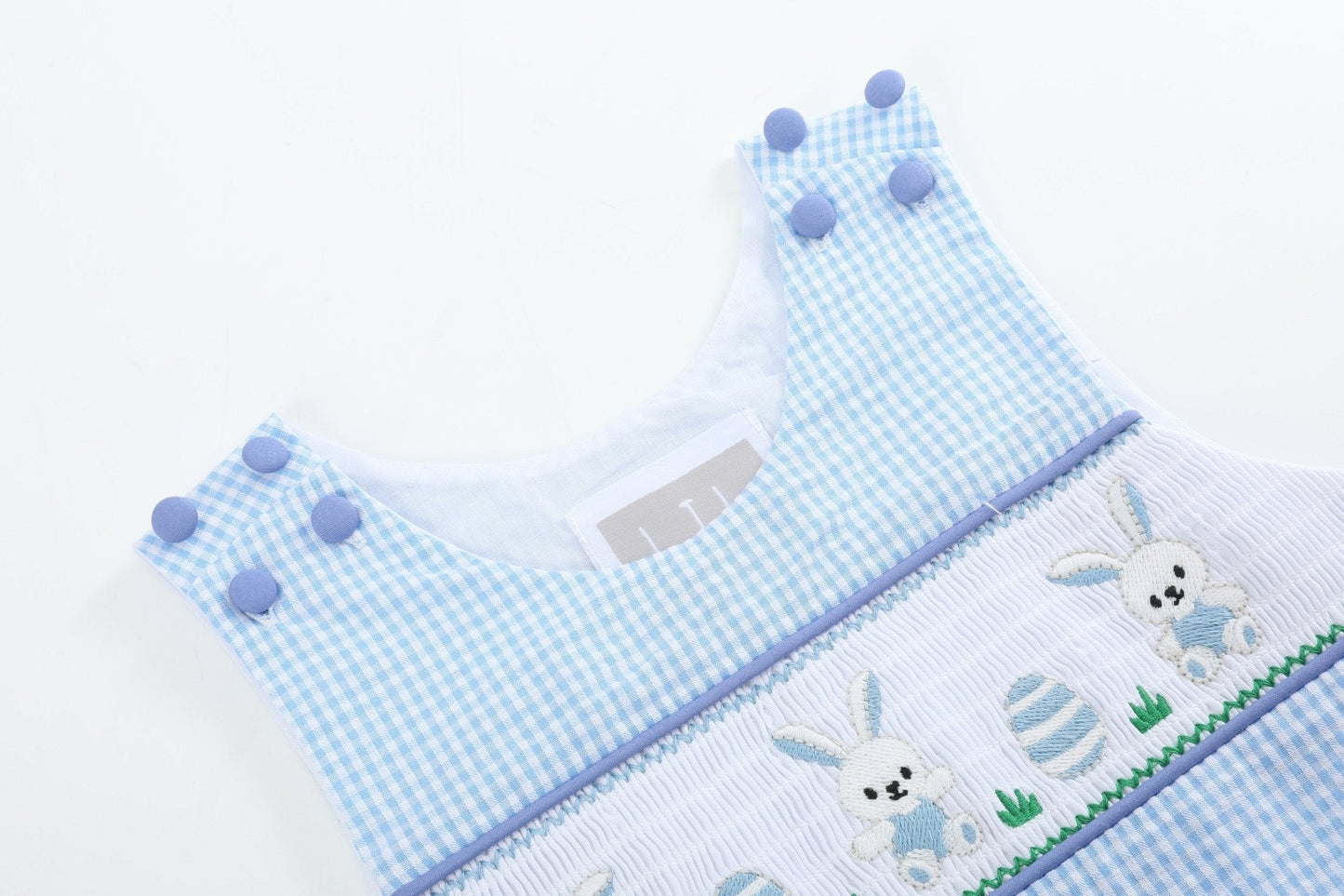 Light Blue Gingham Egg and Bunnies Smocked Shortall