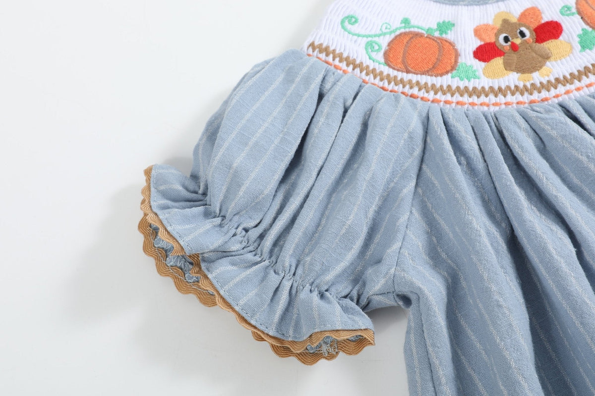 Light Blue Pinstripe Turkey Smocked Bishop Dress