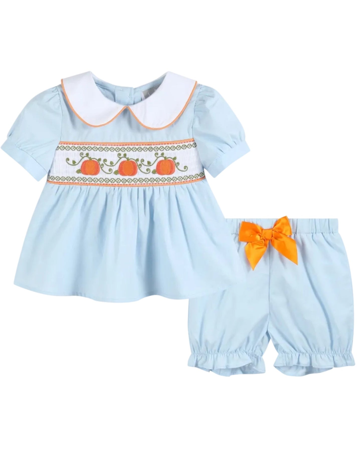 Light Blue Pumpkin Vine Smocked Dress and Bloomers