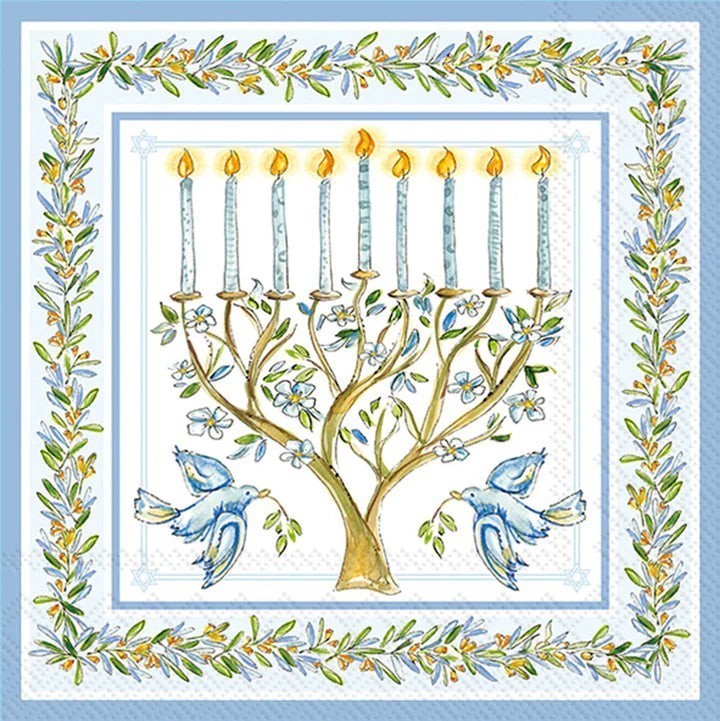 Loblolly Girl Roseanne Beck Menorah Luncheon Decoupage Napkins with blue birds and floral border. Set of 2.