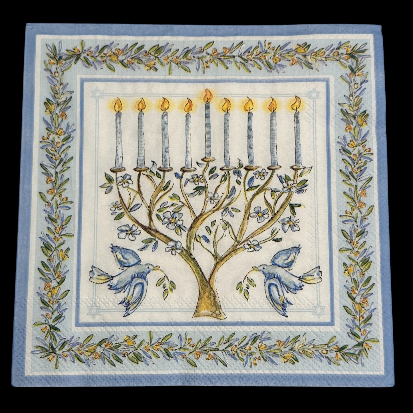 Loblolly Girl Roseanne Beck Menorah Luncheon Decoupage Napkins, set of 2, featuring a lit menorah with blue birds and floral border.