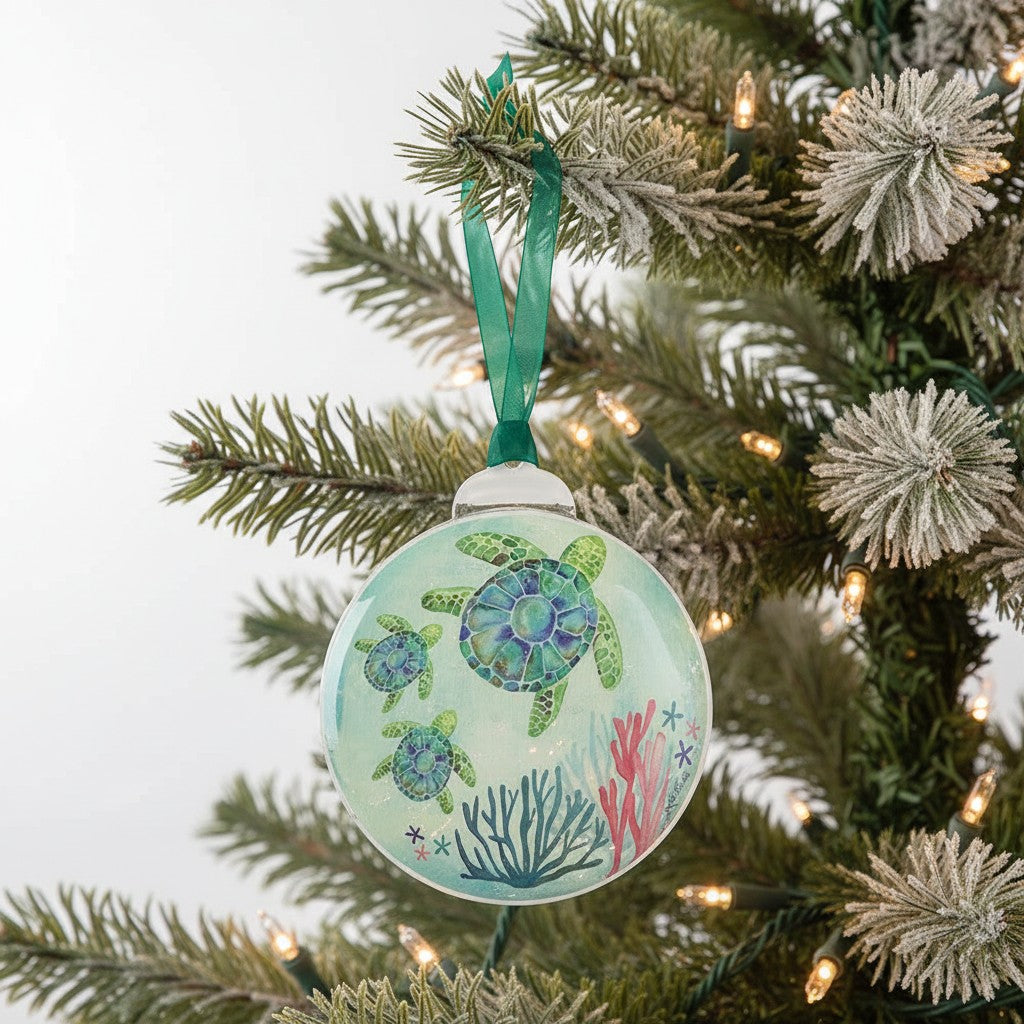 Loblolly Girl Sea Turtle Family Christmas Ornament with watercolor mama turtle and two hatchlings swimming with coral. Green ribbon hanger.