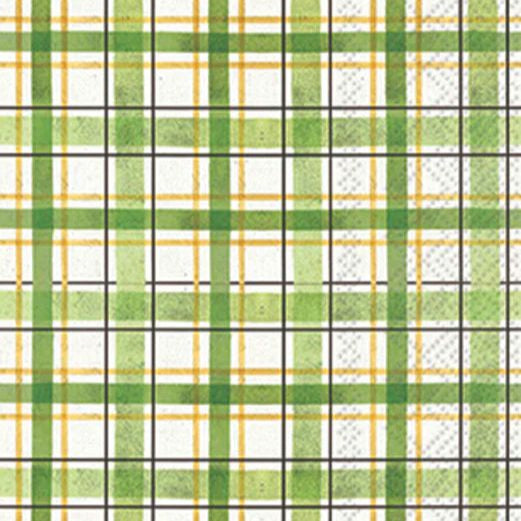 Guest size decoupage napkin featuring green, gold, and white plaid pattern—perfect for St. Patrick’s Day, spring crafts, and decoupage projects.