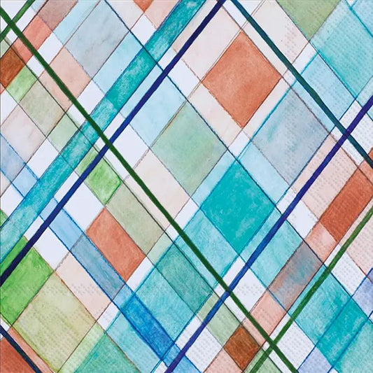 Cocktail size decoupage napkin featuring a madras plaid pattern in blue, green, and orange tones, ideal for summer crafts and tartan-themed projects.