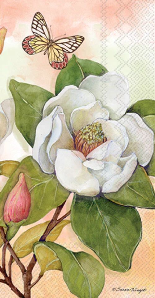 Guest size decoupage napkin featuring white magnolia flowers, green leaves, and a butterfly on a soft background, ideal for floral crafts and spring decor.