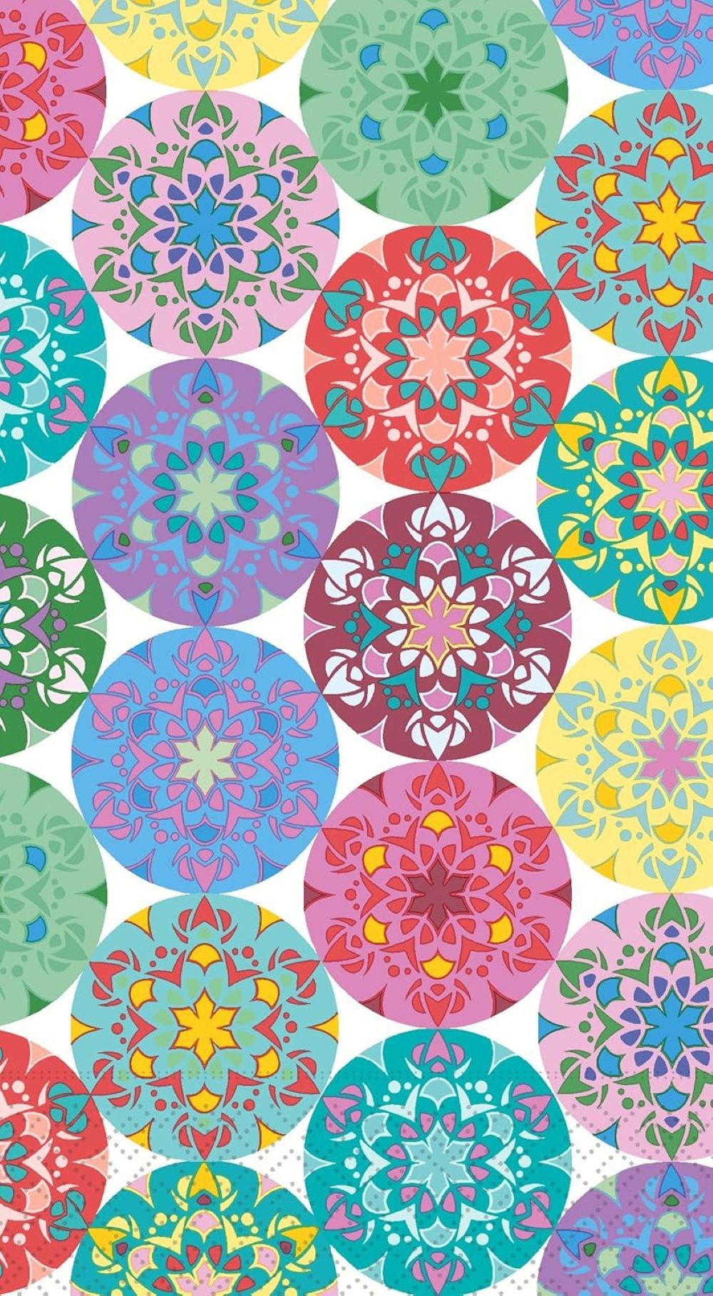 Guest size decoupage napkin featuring colorful circular mandala patterns in teal, pink, yellow, purple, and green on a white background