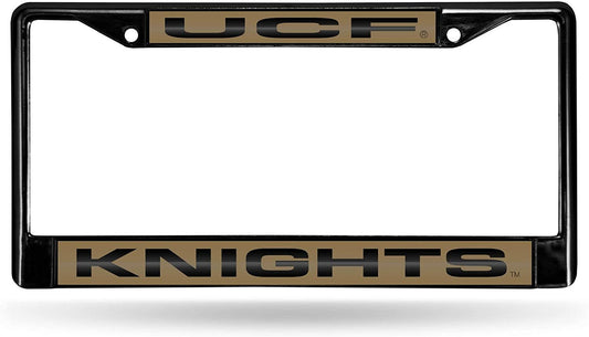 University of Central Florida Knights UCF Black Metal License Plate Frame Tag Cover, Laser Acrylic Mirrored Inserts, 12x6 Inch