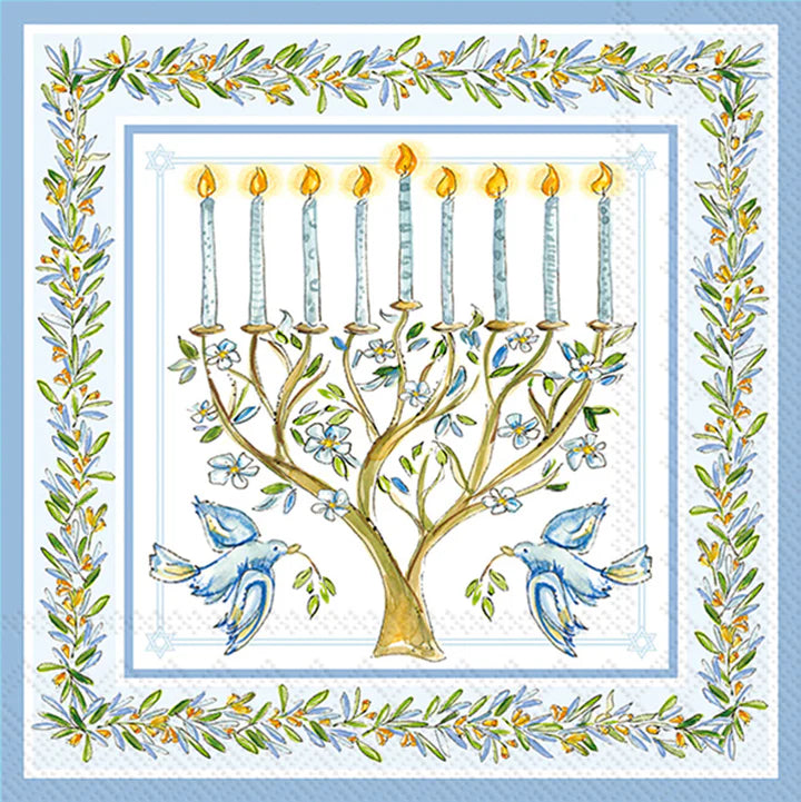 Luncheon size decoupage napkin featuring a menorah with blue candles, doves, and olive branches framed in blue and gold for Hanukkah crafts and décor.