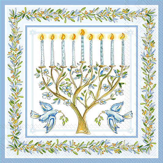Luncheon size decoupage napkin featuring a menorah with blue candles, doves, and olive branches framed in blue and gold for Hanukkah crafts and décor.