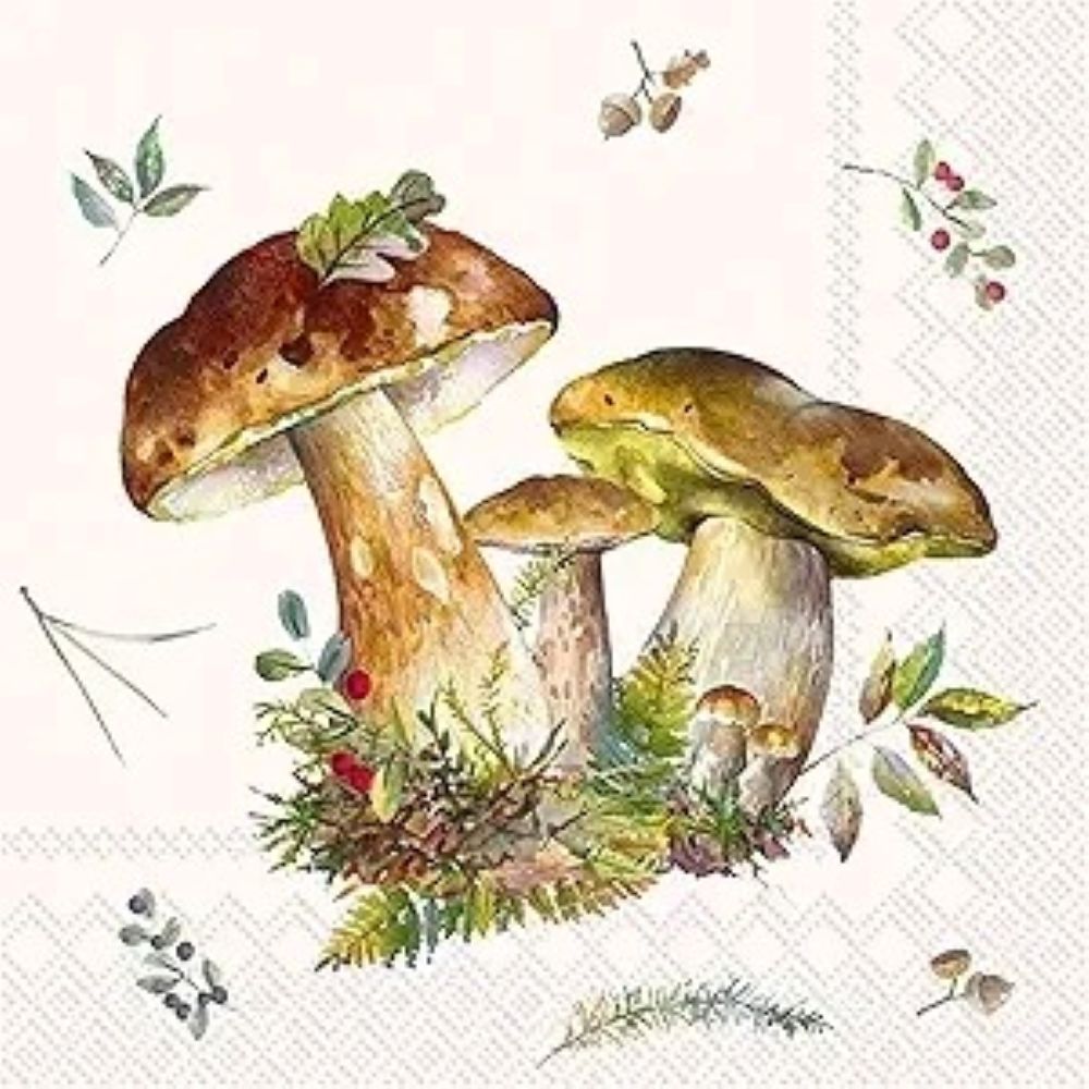 Close-up of a cream cocktail napkin featuring watercolor mushrooms surrounded by moss, berries, acorns, and autumn leaves with a delicate embossed border.
