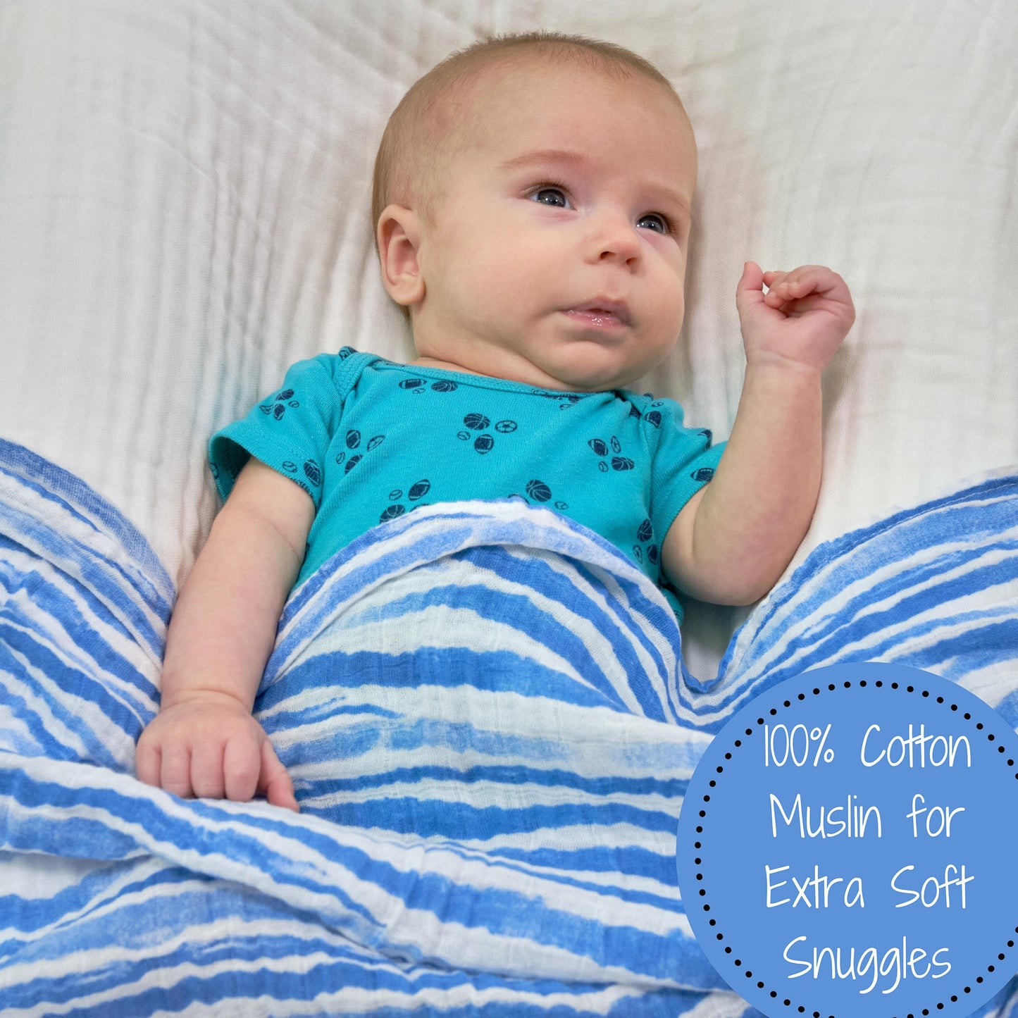 Waving At You Baby Muslin Blue Swaddle Blanket