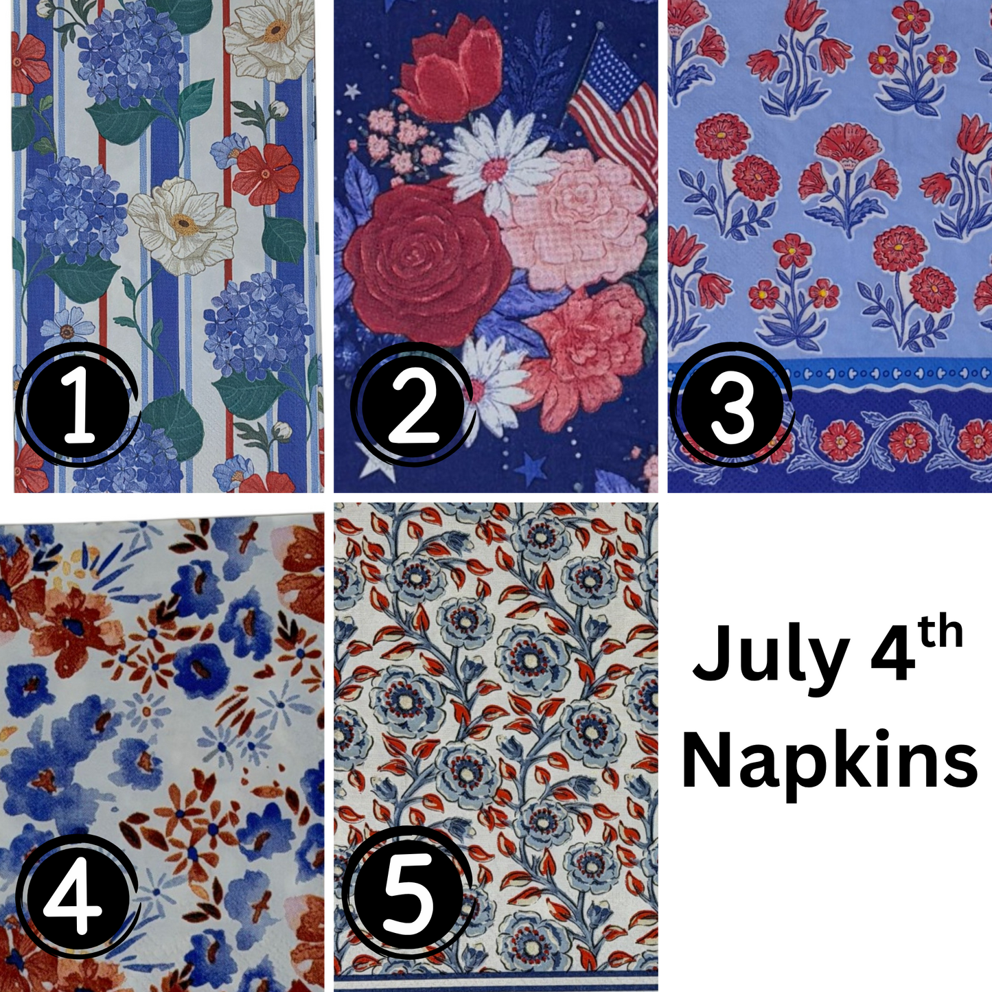 Americana Floral Decoupage Paper Napkins – You Choose Design | Red White Blue Botanical Garden | Set of 2