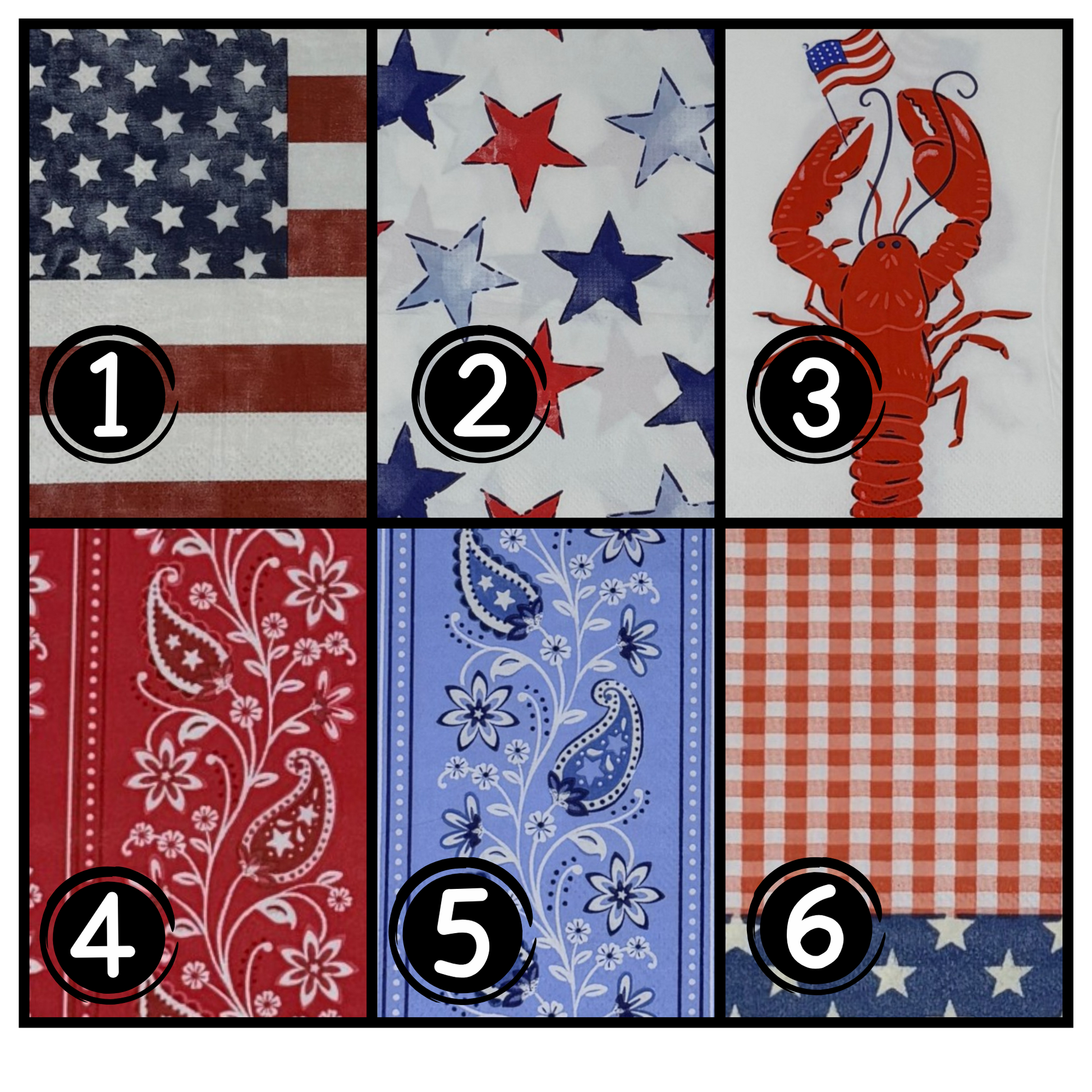 A collection of patriotic summer decoupage paper napkins showing six Americana designs including bold tossed stars, a red lobster with American flag, a rustic flag, red bandana paisley, blue bandana paisley, and red gingham with blue star border on a white background.