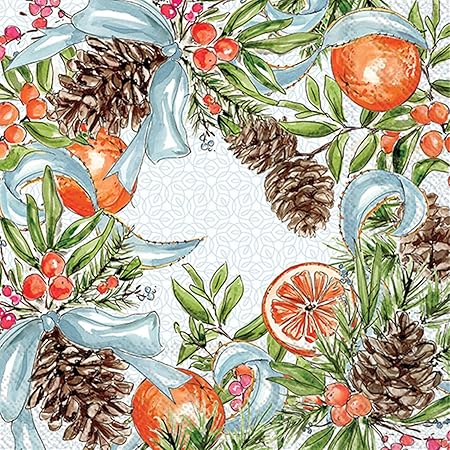 Luncheon size decoupage napkin with pinecones, oranges, citrus slices, red berries, greenery, and blue ribbon accents for Christmas crafts.